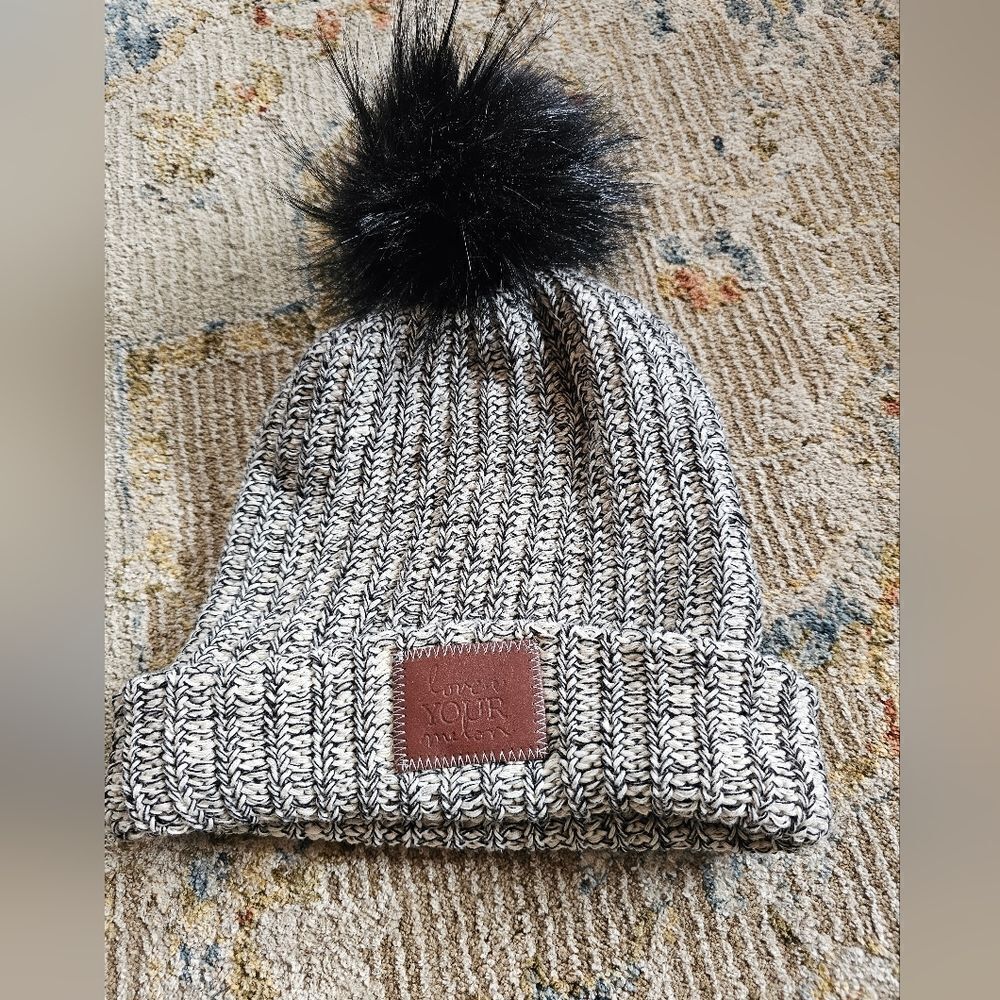 Love Your Melon Beanie With Brown Leather Patch & Removable Pom Pom, Like New!